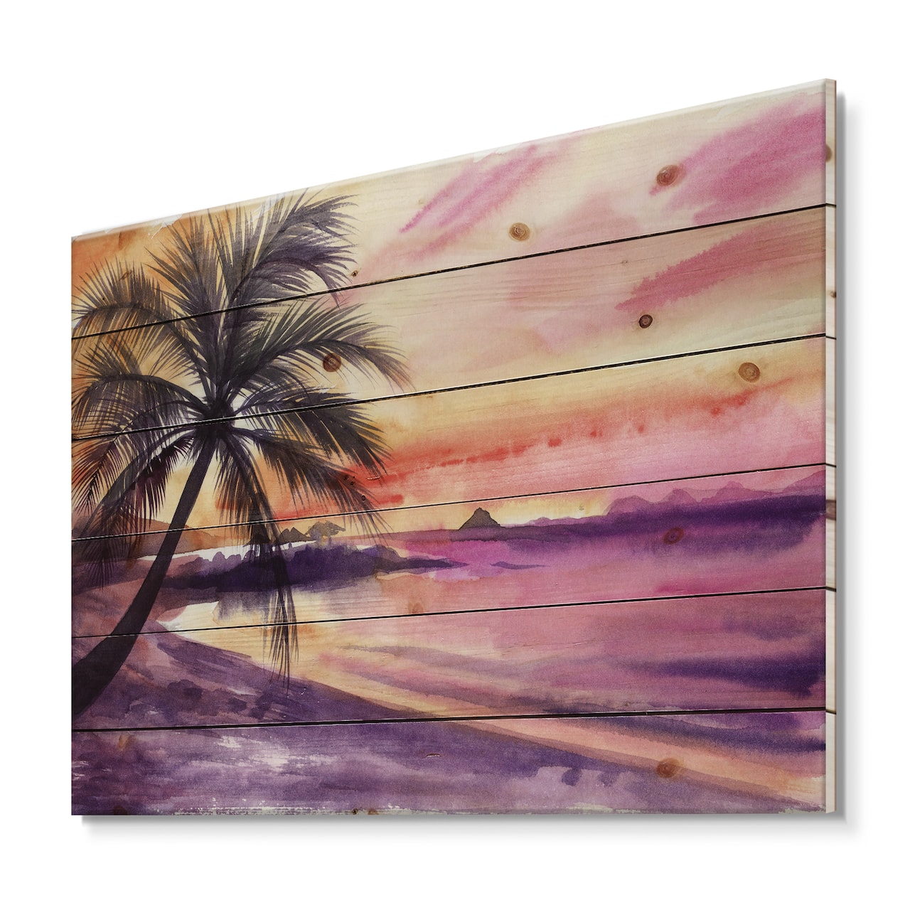 Designart - Pink and Purple Palm Beach Sunset - Nautical & Coastal Print on Natural Pine Wood